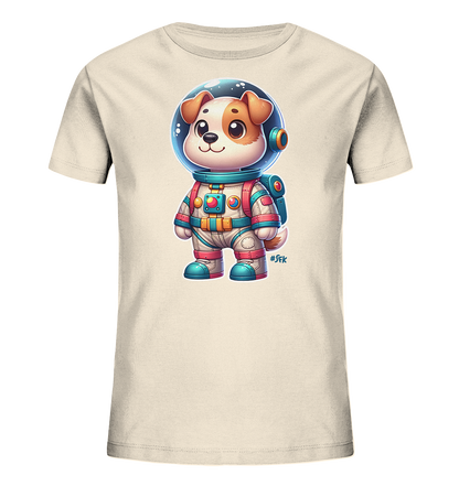 Onlineshop Shirts fuer Kinder - Das Bild zeigt ein hellbeiges T-Shirt mit einem niedlichen, cartoonhaften Hunde-Astronauten. Der kleine Hund traegt einen detaillierten Raumanzug mit Helm und laechelt freundlich. Das farbenfrohe Design mit blauen und roten Akzenten ist ideal fuer kleine Weltraum-Fans.