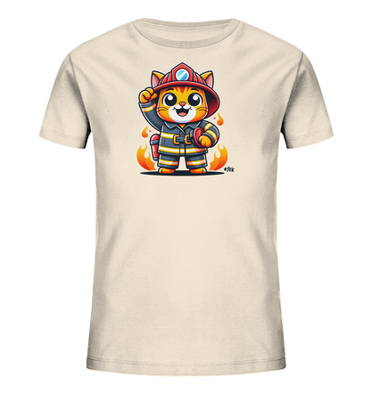 Kinder T-Shirt mit eine winkende Cartoon-Katze als Feuerwehrfigur mit Helm und Uniform