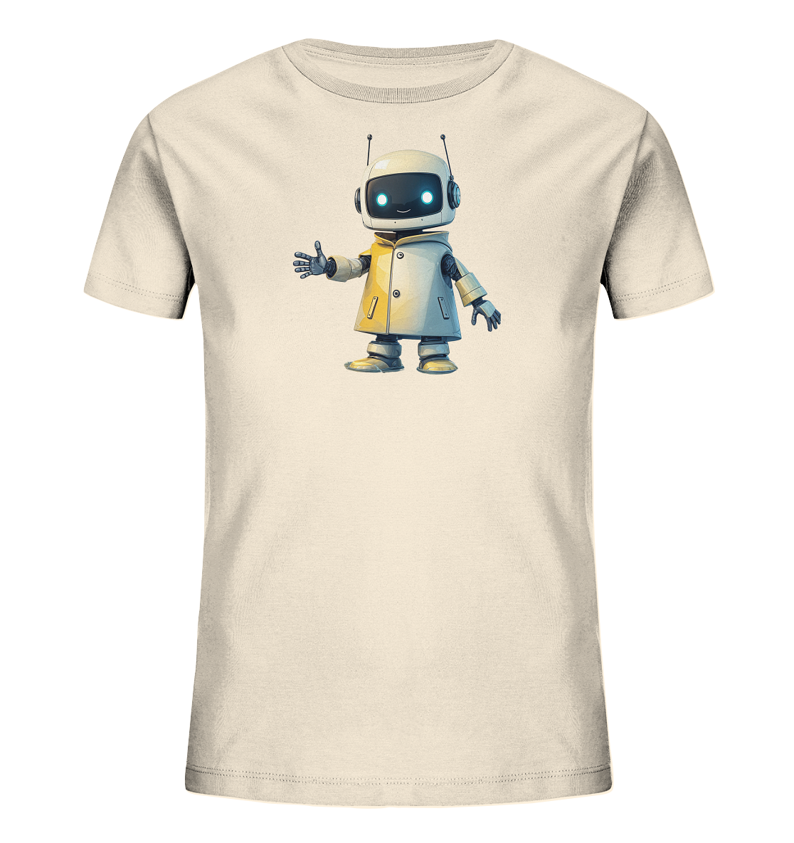 Onlineshop Shirts für Kinder - Das Bild zeigt ein helles, beigefarbenes Kinder-T-Shirt mit einem Motiv auf der Vorderseite. Zu sehen ist eine Illustration eines freundlich aussehenden Roboters im Cartoon-Stil. Der Roboter hat blaue Augen, trägt eine gelbe Jacke und scheint mit einer Hand zu winken oder zu gestikulieren. Das Design wirkt verspielt und ansprechend für Kinder und sticht auf dem hellen Stoff hervor.