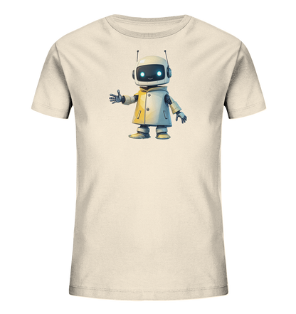 Onlineshop Shirts für Kinder - Das Bild zeigt ein helles, beigefarbenes Kinder-T-Shirt mit einem Motiv auf der Vorderseite. Zu sehen ist eine Illustration eines freundlich aussehenden Roboters im Cartoon-Stil. Der Roboter hat blaue Augen, trägt eine gelbe Jacke und scheint mit einer Hand zu winken oder zu gestikulieren. Das Design wirkt verspielt und ansprechend für Kinder und sticht auf dem hellen Stoff hervor.