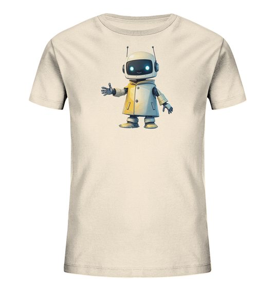 Onlineshop Shirts für Kinder - Das Bild zeigt ein helles, beigefarbenes Kinder-T-Shirt mit einem Motiv auf der Vorderseite. Zu sehen ist eine Illustration eines freundlich aussehenden Roboters im Cartoon-Stil. Der Roboter hat blaue Augen, trägt eine gelbe Jacke und scheint mit einer Hand zu winken oder zu gestikulieren. Das Design wirkt verspielt und ansprechend für Kinder und sticht auf dem hellen Stoff hervor.