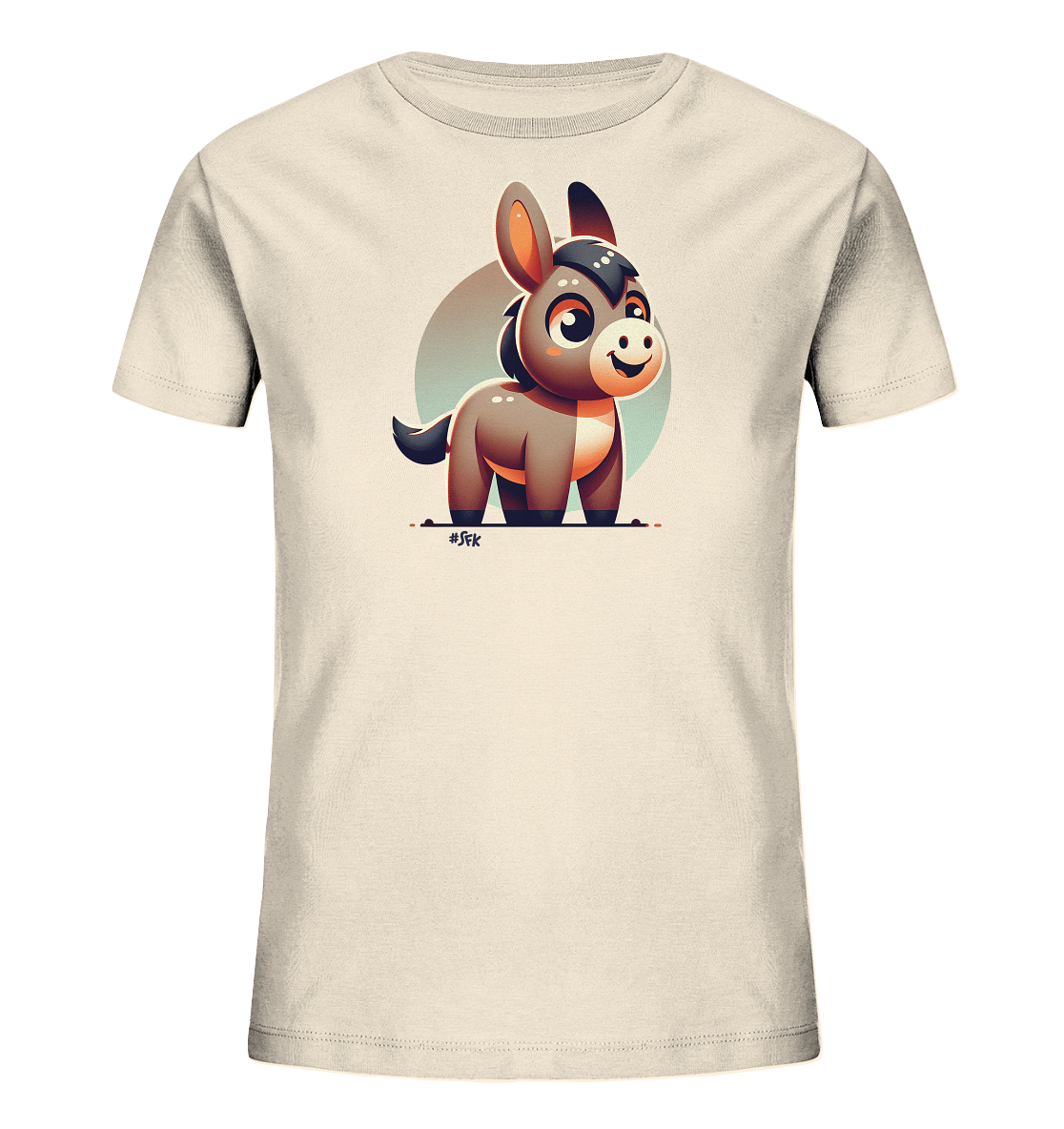 Onlineshop Shirts fuer Kinder - Dieses helle T-Shirt fuer Kinder zeigt eine niedliche Illustration eines kleinen Esels. Der Esel hat grosse Augen, ein freundliches Laecheln und steht aufrecht vor einem hellen Kreis. Das Design ist farbenfroh und verspielt, ideal fuer kindliche Kleidung.