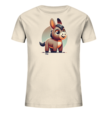 Onlineshop Shirts fuer Kinder - Dieses helle T-Shirt fuer Kinder zeigt eine niedliche Illustration eines kleinen Esels. Der Esel hat grosse Augen, ein freundliches Laecheln und steht aufrecht vor einem hellen Kreis. Das Design ist farbenfroh und verspielt, ideal fuer kindliche Kleidung.