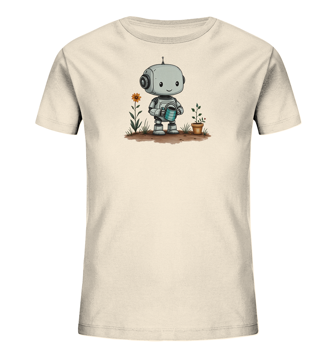 Cremefarbenes Kinder-T-Shirt mit Gärtner-Roboter und Pflanze.