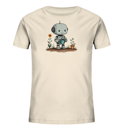Cremefarbenes Kinder-T-Shirt mit Gärtner-Roboter und Pflanze.