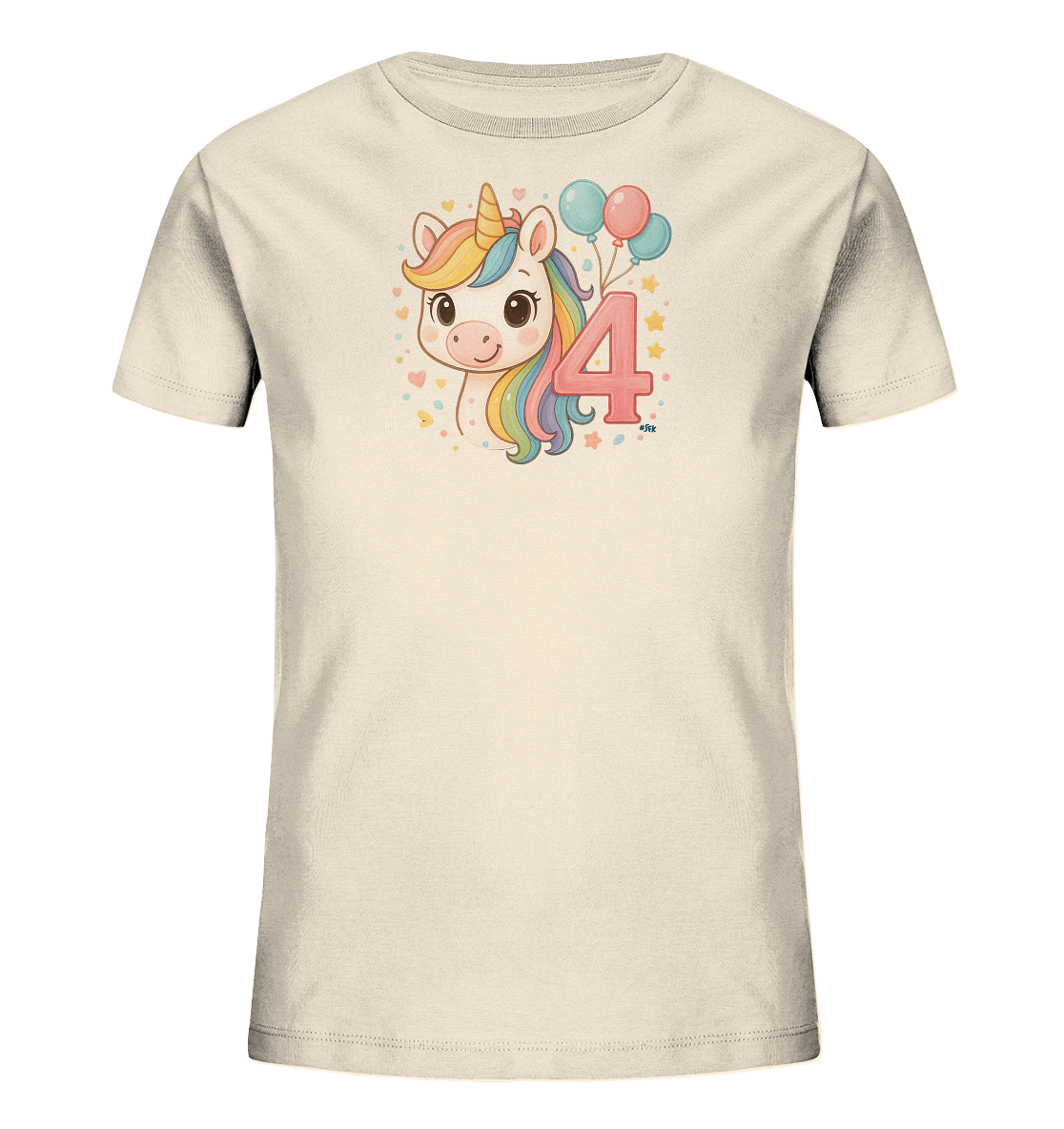Onlineshop Shirts fuer Kinder - Dieses cremefarbene Kinder-T-Shirt zeigt ein niedliches Einhorn mit bunter Regenbogenmaehne auf der Vorderseite. Neben dem Einhorn ist die Zahl 4 in Pink abgebildet, zusammen mit zwei Luftballons in Blau und Pink. Kleine Sterne und Herzen umgeben das Motiv. Das Design ist verspielt und farbenfroh, ideal fuer kleine Einhorn-Fans.