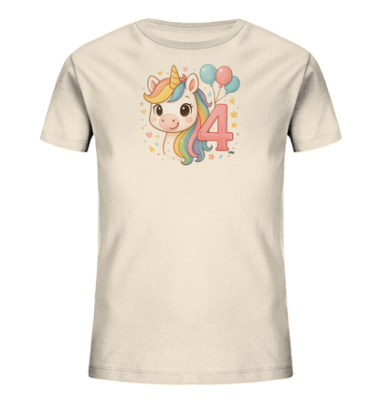 Onlineshop Shirts fuer Kinder - Dieses cremefarbene Kinder-T-Shirt zeigt ein niedliches Einhorn mit bunter Regenbogenmaehne auf der Vorderseite. Neben dem Einhorn ist die Zahl 4 in Pink abgebildet, zusammen mit zwei Luftballons in Blau und Pink. Kleine Sterne und Herzen umgeben das Motiv. Das Design ist verspielt und farbenfroh, ideal fuer kleine Einhorn-Fans.