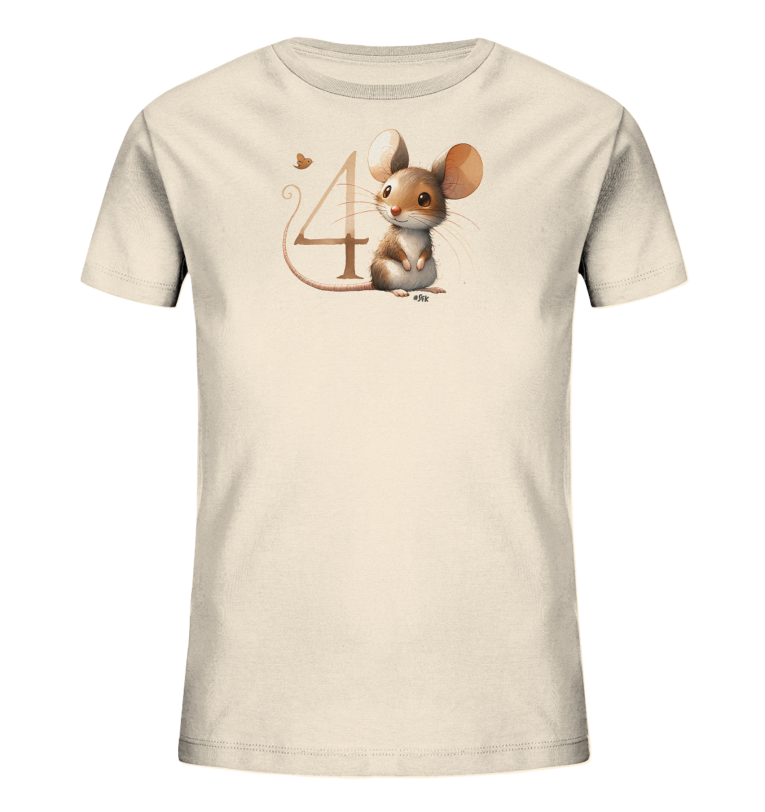 Onlineshop Shirts fuer Kinder - Dieses cremefarbene Kinder-T-Shirt zeigt ein niedliches Motiv einer Maus. Die Maus sitzt neben einer grossen Zahl '4', wobei ihr Schwanz Teil der Ziffer ist. Ein kleiner Schmetterling fliegt oberhalb der Zahl. Das Design ist verspielt und liebevoll gestaltet.