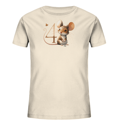 Onlineshop Shirts fuer Kinder - Dieses cremefarbene Kinder-T-Shirt zeigt ein niedliches Motiv einer Maus. Die Maus sitzt neben einer grossen Zahl '4', wobei ihr Schwanz Teil der Ziffer ist. Ein kleiner Schmetterling fliegt oberhalb der Zahl. Das Design ist verspielt und liebevoll gestaltet.