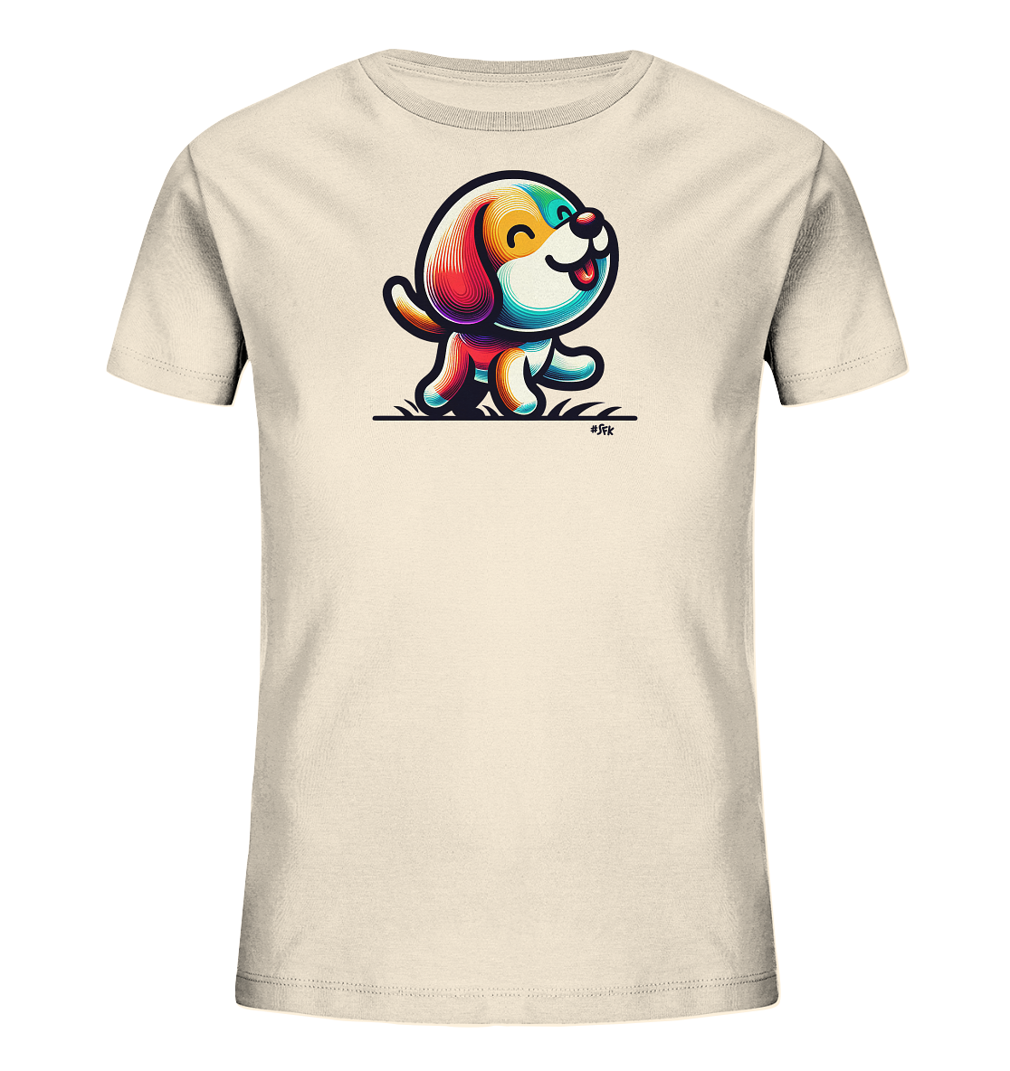 Onlineshop Shirts fuer Kinder - Das Bild zeigt ein cremefarbenes Kinder-T-Shirt mit einem auffaelligen Motiv auf der Vorderseite. Darauf ist ein bunter, stilisierter Cartoon-Hund abgebildet, der froehlich zu gehen scheint. Das Design verwendet leuchtende Farben und hat einen verspielten Ausdruck. Das Shirt ist ein einfacher Rundhals-Schnitt.