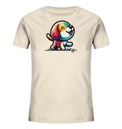 Onlineshop Shirts fuer Kinder - Das Bild zeigt ein cremefarbenes Kinder-T-Shirt mit einem auffaelligen Motiv auf der Vorderseite. Darauf ist ein bunter, stilisierter Cartoon-Hund abgebildet, der froehlich zu gehen scheint. Das Design verwendet leuchtende Farben und hat einen verspielten Ausdruck. Das Shirt ist ein einfacher Rundhals-Schnitt.
