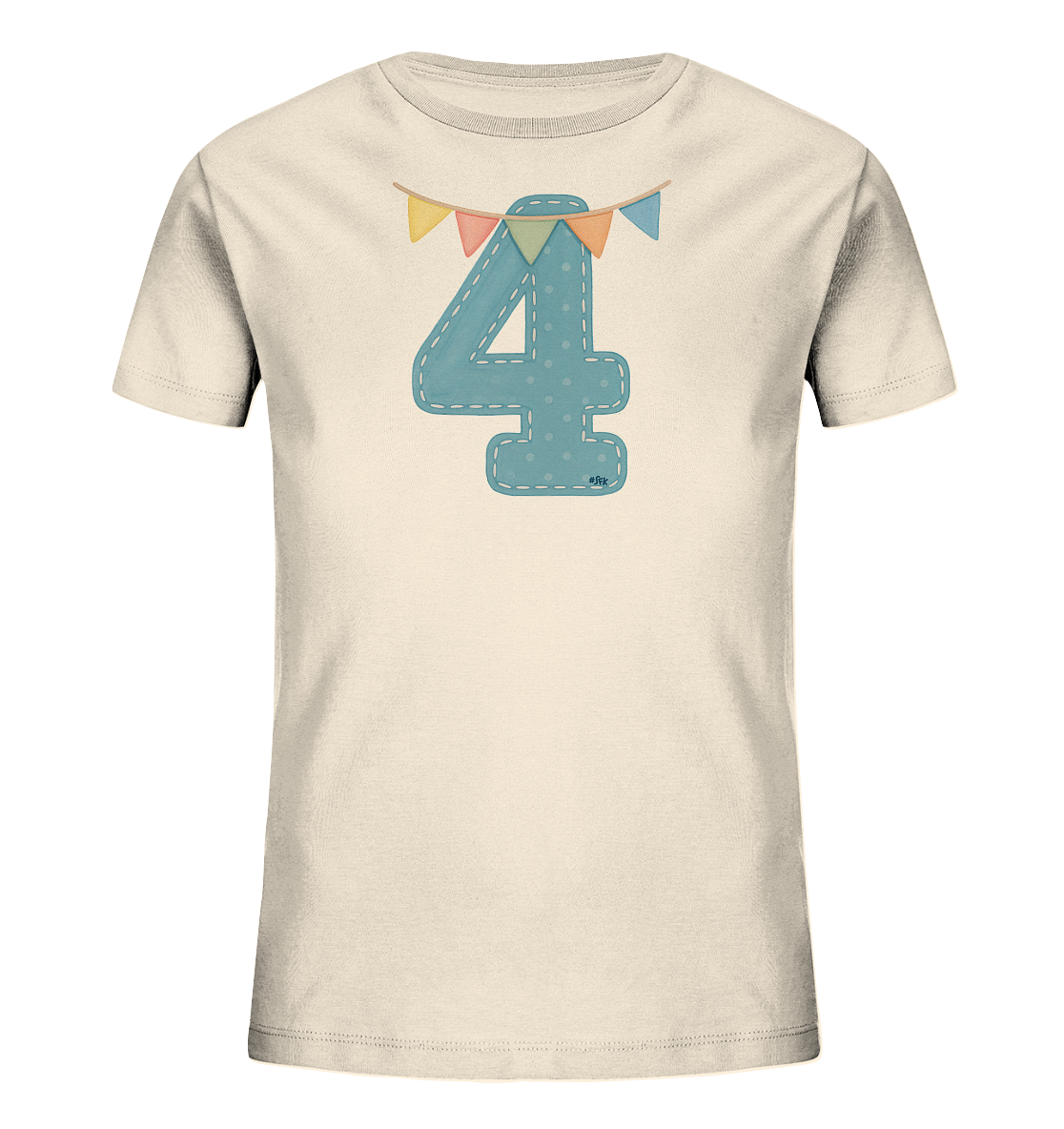 Onlineshop Shirts fuer Kinder - Das Bild zeigt ein hellbeiges Kinder-T-Shirt. Auf der Vorderseite ist eine grosse, appliziert wirkende Zahl 4 in hellem Blau mit weissen Punkten abgebildet. Die Zahl ist mit einer gestrichelten Linie umrandet. Darueber haengt eine bunte Girlande mit kleinen Wimpeln in Gelb, Orange, Hellblau und Gruen.