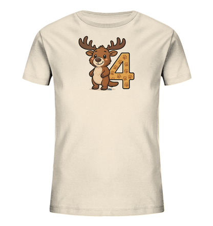 Onlineshop Shirts fuer Kinder - Das Bild zeigt ein hellbeiges T-Shirt fuer Kinder mit einem niedlichen Motiv. Ein froehliches, cartoonartiges Reh mit Geweih steht neben der grossen Zahl '4'. Die Zahl ist mit einem Pfotenabdruck-Muster gefuellt und in einem warmen Farbton gehalten. Dieses Design verleiht dem Shirt einen verspielten und naturverbundenen Look.
