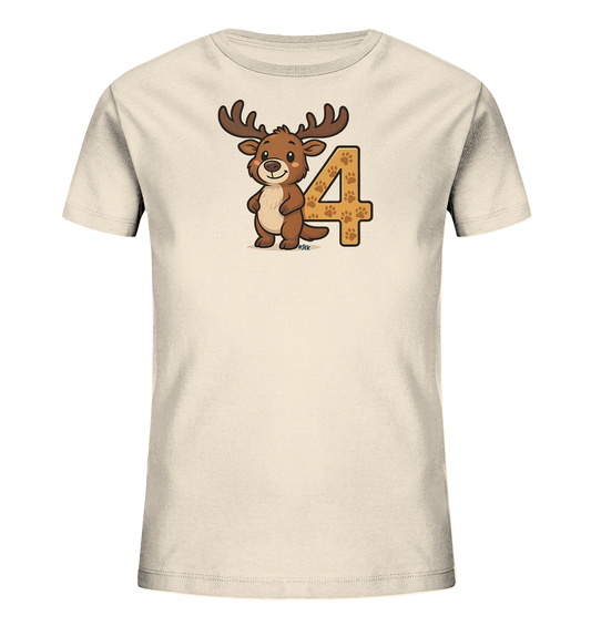 Onlineshop Shirts fuer Kinder - Das Bild zeigt ein hellbeiges T-Shirt fuer Kinder mit einem niedlichen Motiv. Ein froehliches, cartoonartiges Reh mit Geweih steht neben der grossen Zahl '4'. Die Zahl ist mit einem Pfotenabdruck-Muster gefuellt und in einem warmen Farbton gehalten. Dieses Design verleiht dem Shirt einen verspielten und naturverbundenen Look.