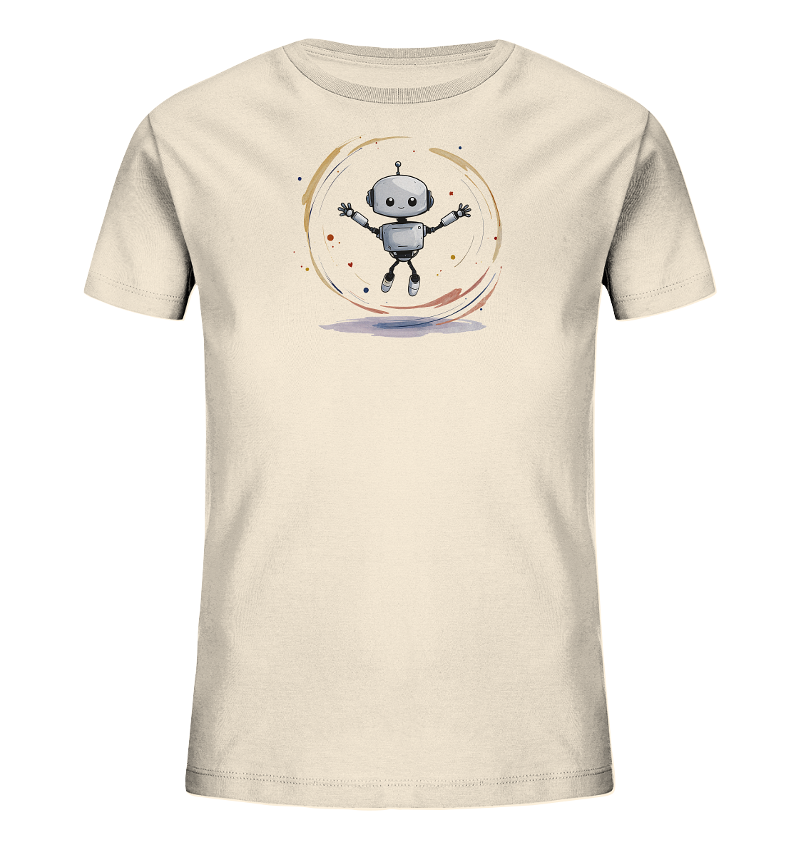 Onlineshop Shirts für Kinder - Das Bild zeigt ein helles, cremefarbenes Kinder-T-Shirt. Auf der Vorderseite befindet sich ein zentraler Druck eines springenden, cartoonhaften Roboters. Der kleine graue Roboter mit großen Augen ist mit ausgestreckten Armen und Beinen dargestellt. Das Motiv ist von einem Kreis aus aquarellartigen Strichen und Punkten in verschiedenen Farben umgeben, was dem Design einen dynamischen und künstlerischen Touch verleiht.
