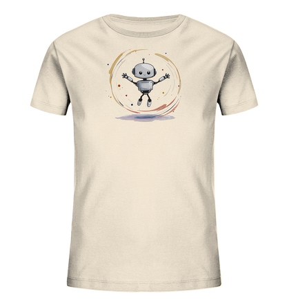 Onlineshop Shirts für Kinder - Das Bild zeigt ein helles, cremefarbenes Kinder-T-Shirt. Auf der Vorderseite befindet sich ein zentraler Druck eines springenden, cartoonhaften Roboters. Der kleine graue Roboter mit großen Augen ist mit ausgestreckten Armen und Beinen dargestellt. Das Motiv ist von einem Kreis aus aquarellartigen Strichen und Punkten in verschiedenen Farben umgeben, was dem Design einen dynamischen und künstlerischen Touch verleiht.