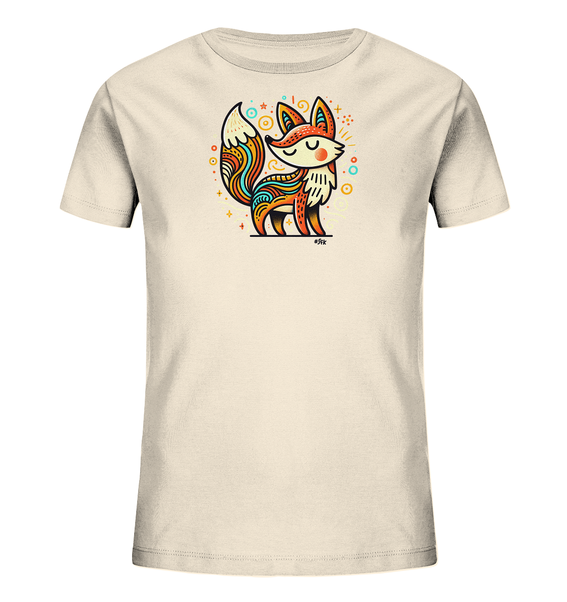 Onlineshop Shirts fuer Kinder - Dieses cremefarbene Kinder-T-Shirt zeigt eine bunte, stilisierte Illustration eines Fuchses. Der Fuchs ist mit detaillierten Mustern in warmen und kuehlen Farben verziert. Kleine Sterne und Kreise umgeben das Tier und verleihen dem Design eine verspielte Note. Es ist ein froehliches und kuenstlerisches Motiv, ideal fuer Kinderkleidung.