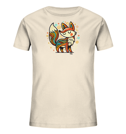 Onlineshop Shirts fuer Kinder - Dieses cremefarbene Kinder-T-Shirt zeigt eine bunte, stilisierte Illustration eines Fuchses. Der Fuchs ist mit detaillierten Mustern in warmen und kuehlen Farben verziert. Kleine Sterne und Kreise umgeben das Tier und verleihen dem Design eine verspielte Note. Es ist ein froehliches und kuenstlerisches Motiv, ideal fuer Kinderkleidung.