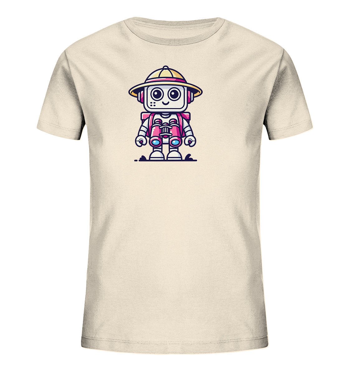Onlineshop Shirts für Kinder - Das Bild zeigt ein cremefarbenes oder hellbeiges T-Shirt für Kinder. Auf der Vorderseite ist eine niedliche Cartoon-Illustration eines Roboters abgebildet. Der Roboter trägt einen gelben Safari-Hut und hält ein Paar rosa Ferngläser vor sich. Das Design wirkt fröhlich und detailreich, ideal für kleine Entdecker.