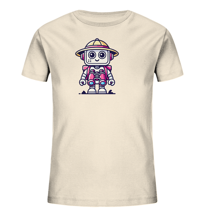 Onlineshop Shirts für Kinder - Das Bild zeigt ein cremefarbenes oder hellbeiges T-Shirt für Kinder. Auf der Vorderseite ist eine niedliche Cartoon-Illustration eines Roboters abgebildet. Der Roboter trägt einen gelben Safari-Hut und hält ein Paar rosa Ferngläser vor sich. Das Design wirkt fröhlich und detailreich, ideal für kleine Entdecker.