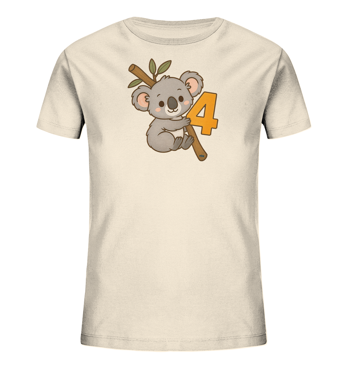 Onlineshop Shirts fuer Kinder - Das Bild zeigt ein cremefarbenes T-Shirt fuer Kinder. Auf der Vorderseite ist eine suesse, cartoonartige Koala-Illustration zu sehen, die sich an einen Ast klammert. Neben dem Koala befindet sich eine grosse, orangefarbene Zahl '4'. Das Design ist verspielt und ansprechend fuer Kinder.