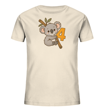 Onlineshop Shirts fuer Kinder - Das Bild zeigt ein cremefarbenes T-Shirt fuer Kinder. Auf der Vorderseite ist eine suesse, cartoonartige Koala-Illustration zu sehen, die sich an einen Ast klammert. Neben dem Koala befindet sich eine grosse, orangefarbene Zahl '4'. Das Design ist verspielt und ansprechend fuer Kinder.