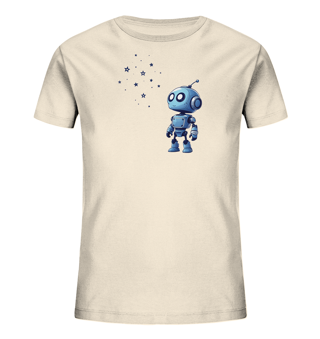 Onlineshop Shirts für Kinder - Das Bild zeigt ein cremefarbenes, kurzärmeliges T-Shirt für Kinder. Auf der Vorderseite ist ein kleiner, blauer Cartoon-Roboter abgebildet. Der Roboter hat große, runde Augen und steht aufrecht, blickt nach links oben. Oberhalb und links vom Roboter ist eine Ansammlung von stilisierten blauen Sternen und Punkten zu sehen, die wie ein Sternenschweif wirken. Das Design ist schlicht und verspielt.