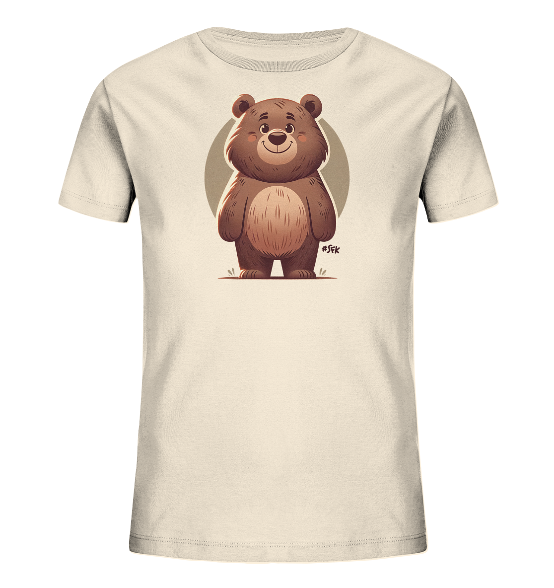 Onlineshop Shirts fuer Kinder - Ein cremefarbenes T-Shirt mit einem suessen Comic-Baeren als Motiv auf der Vorderseite. Der freundliche Baer mit braunem Fell steht vor einem hellen Kreis. Dieses verspielte Design ist ideal fuer Kinderkleidung.