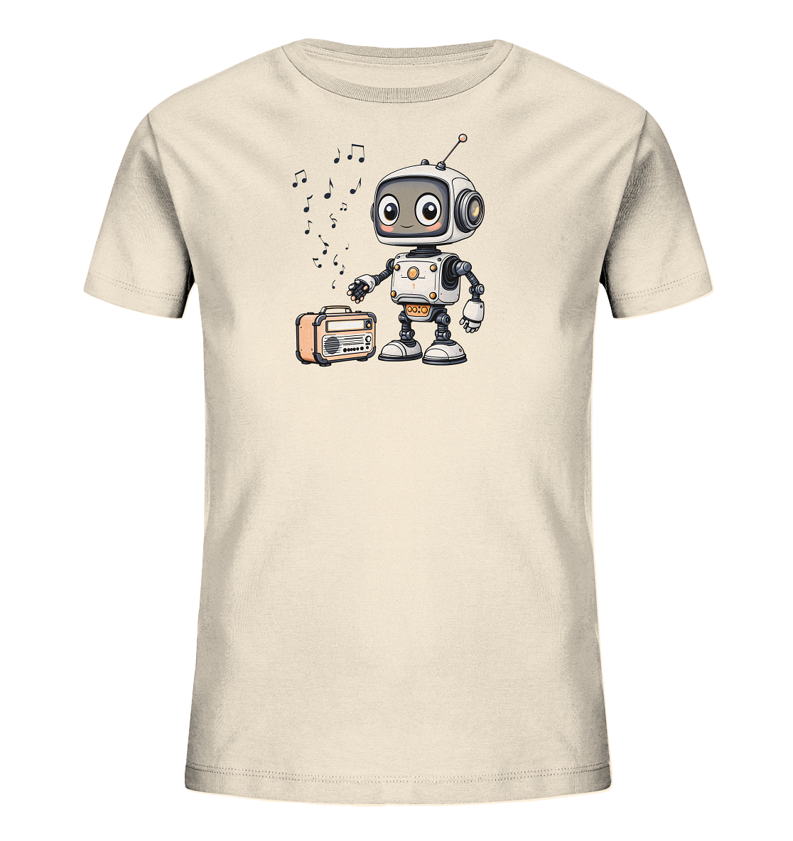 Onlineshop Shirts für Kinder - Das Bild zeigt ein hellbeiges Kinder-T-Shirt, bedruckt mit einer freundlichen Illustration. Im Zentrum des Designs steht ein kleiner, weiß-grauer Roboter mit großen Augen und einer Antenne. Der Roboter steht neben einem nostalgisch aussehenden, orangefarbenen Radio, aus dem Notensymbole aufsteigen. Die Gesamtgestaltung ist im niedlichen Cartoon-Stil gehalten und vermittelt einen fröhlichen, musikalischen Eindruck, der gut für Kinder geeignet ist.
