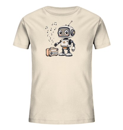Onlineshop Shirts für Kinder - Das Bild zeigt ein hellbeiges Kinder-T-Shirt, bedruckt mit einer freundlichen Illustration. Im Zentrum des Designs steht ein kleiner, weiß-grauer Roboter mit großen Augen und einer Antenne. Der Roboter steht neben einem nostalgisch aussehenden, orangefarbenen Radio, aus dem Notensymbole aufsteigen. Die Gesamtgestaltung ist im niedlichen Cartoon-Stil gehalten und vermittelt einen fröhlichen, musikalischen Eindruck, der gut für Kinder geeignet ist.