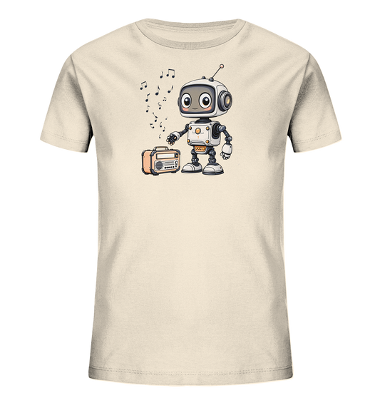 Onlineshop Shirts für Kinder - Das Bild zeigt ein hellbeiges Kinder-T-Shirt, bedruckt mit einer freundlichen Illustration. Im Zentrum des Designs steht ein kleiner, weiß-grauer Roboter mit großen Augen und einer Antenne. Der Roboter steht neben einem nostalgisch aussehenden, orangefarbenen Radio, aus dem Notensymbole aufsteigen. Die Gesamtgestaltung ist im niedlichen Cartoon-Stil gehalten und vermittelt einen fröhlichen, musikalischen Eindruck, der gut für Kinder geeignet ist.
