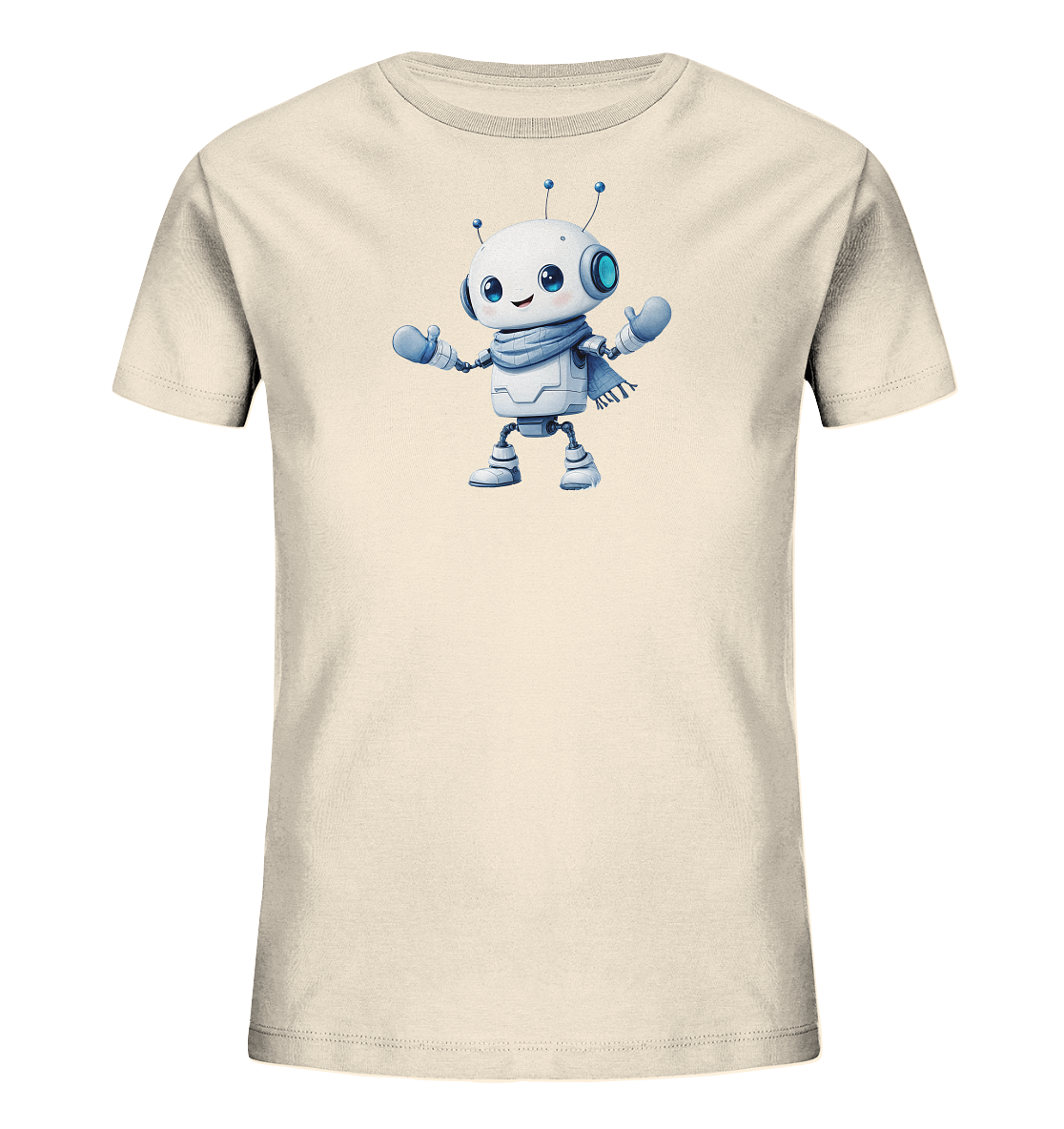 Onlineshop Shirts für Kinder - Das Bild zeigt ein cremefarbenes Kinder-T-Shirt, das flach auf einem neutralen Hintergrund liegt. Auf der Vorderseite ist eine ansprechende Grafik eines kleinen, freundlichen Roboters platziert. Der Roboter ist weiß mit blauen Details, trägt einen blauen Schal und blaue Handschuhe und hat Antennen auf dem Kopf. Das Motiv ist zentral auf dem Shirt positioniert und verleiht ihm einen verspielten Charakter, der gut zu Kinderkleidung passt.
