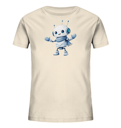 Onlineshop Shirts für Kinder - Das Bild zeigt ein cremefarbenes Kinder-T-Shirt, das flach auf einem neutralen Hintergrund liegt. Auf der Vorderseite ist eine ansprechende Grafik eines kleinen, freundlichen Roboters platziert. Der Roboter ist weiß mit blauen Details, trägt einen blauen Schal und blaue Handschuhe und hat Antennen auf dem Kopf. Das Motiv ist zentral auf dem Shirt positioniert und verleiht ihm einen verspielten Charakter, der gut zu Kinderkleidung passt.