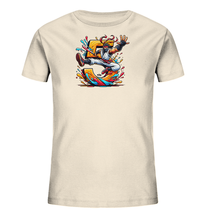 Kinder T-Shirt mit springendem Ninja, großer Zahl 5 und bunten Farbspritzern