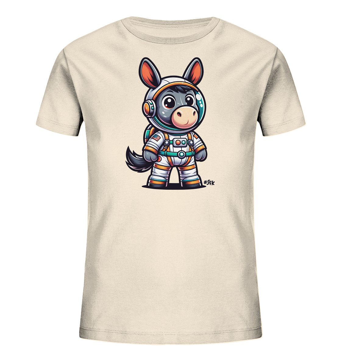 Onlineshop Shirts fuer Kinder - Das Bild zeigt ein hellbeiges Kinder T-Shirt mit einem suessen Cartoon-Motiv. Darauf ist ein kleiner Esel in einem farbenfrohen Astronautenanzug abgebildet, der eine detailreiche Ausruestung mit Helm und Rucksack traegt. Der Esel hat grosse, freundliche Augen und steht selbstbewusst da. Das verspielte Design mit leuchtenden Akzenten ist ideal fuer kleine Weltraum-Fans.