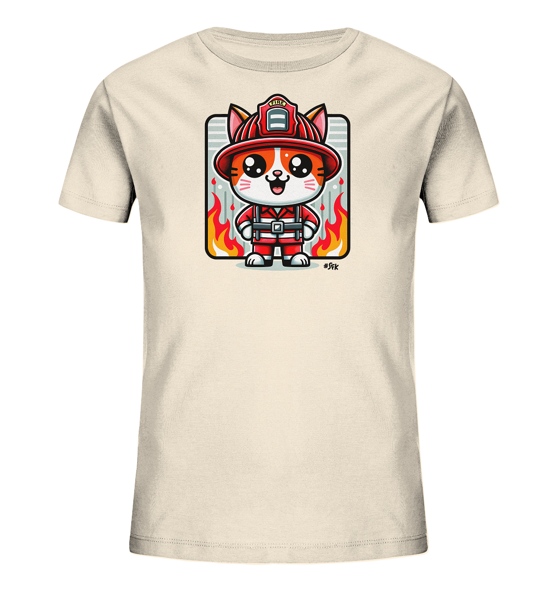 Onlineshop Shirts fuer Kinder - Auf diesem beigefarbenen T-Shirt fuer Kinder ist eine charmante Illustration einer Katze in Feuerwehrmann-Ausruestung zu sehen. Die Katze laechelt und ist von kleinen Flammen umgeben, alles eingerahmt in einem rechteckigen Design. Es ist ein suesses und heldenhaftes Motiv.