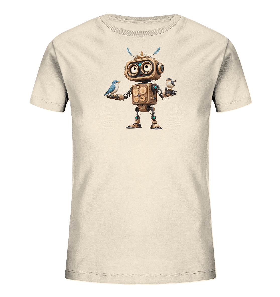 Onlineshop Shirts für Kinder - Das Bild zeigt ein cremefarbenes Kinder-T-Shirt mit einem einzigartigen Frontprint. Der Print stellt einen freundlich aussehenden Roboter dar, der aus Holz und Metall gefertigt zu sein scheint und Federn als Haarschmuck trägt. In jeder seiner geöffneten Hände sitzt ein kleiner Vogel; der linke Vogel ist blau, der rechte ist braun und grau. Das Design wirkt verspielt und fantasievoll, ideal für Kinder, die Technik und Natur mögen.