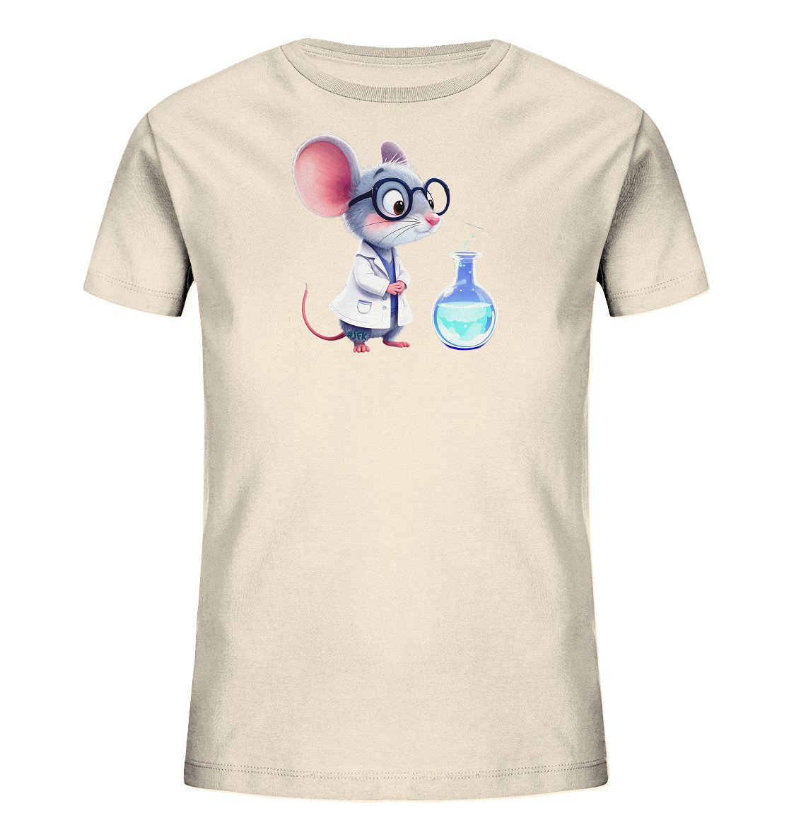 Onlineshop Shirts fuer Kinder - Das Bild zeigt ein beigefarbenes Kinder-T-Shirt mit einem niedlichen Motiv einer Maus. Die Maus ist als Wissenschaftlerin dargestellt, traegt einen weissen Laborkittel und eine Brille. Sie blickt konzentriert auf einen blauen Kolben mit aufsteigendem Dampf. Das Design wirkt verspielt und foerdert die Neugier.