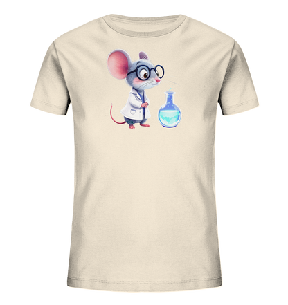 Onlineshop Shirts fuer Kinder - Das Bild zeigt ein beigefarbenes Kinder-T-Shirt mit einem niedlichen Motiv einer Maus. Die Maus ist als Wissenschaftlerin dargestellt, traegt einen weissen Laborkittel und eine Brille. Sie blickt konzentriert auf einen blauen Kolben mit aufsteigendem Dampf. Das Design wirkt verspielt und foerdert die Neugier.