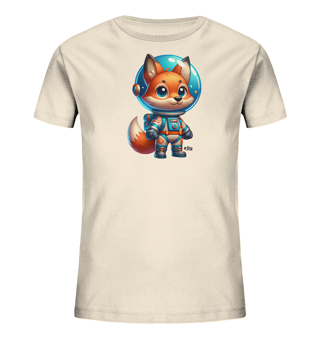 Onlineshop Shirts fuer Kinder - Das Bild zeigt ein hellbeiges Kinder-T-Shirt mit einem charmanten Aufdruck eines Fuchses im Astronautenanzug. Der Fuchs traegt einen blauen Helm mit einem transparenten Visier und einen passenden Raumanzug mit orangen und blauen Details. Die Darstellung ist im Cartoon-Stil gehalten und wirkt freundlich und verspielt. Das Design hat ein Weltraum-Thema.