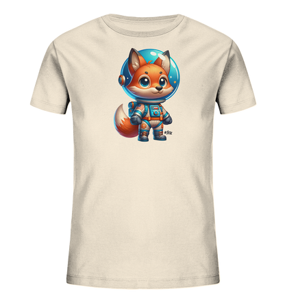 Onlineshop Shirts fuer Kinder - Das Bild zeigt ein hellbeiges Kinder-T-Shirt mit einem charmanten Aufdruck eines Fuchses im Astronautenanzug. Der Fuchs traegt einen blauen Helm mit einem transparenten Visier und einen passenden Raumanzug mit orangen und blauen Details. Die Darstellung ist im Cartoon-Stil gehalten und wirkt freundlich und verspielt. Das Design hat ein Weltraum-Thema.
