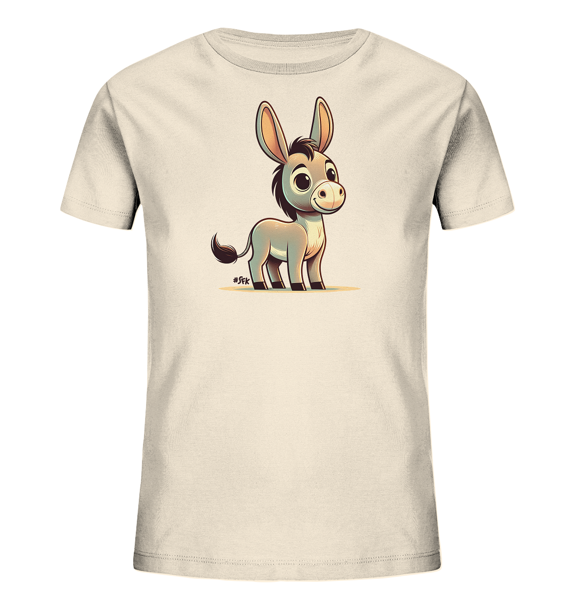 Onlineshop Shirts fuer Kinder - Dieses helle T-Shirt fuer Kinder zeigt eine bezaubernde Cartoon-Illustration eines kleinen Esels. Der Esel steht auf einer angedeuteten Flaeche und blickt freundlich nach vorne. Seine grossen Ohren und Augen verleihen ihm einen niedlichen Ausdruck. Das Design ist schlicht und kindgerecht.
