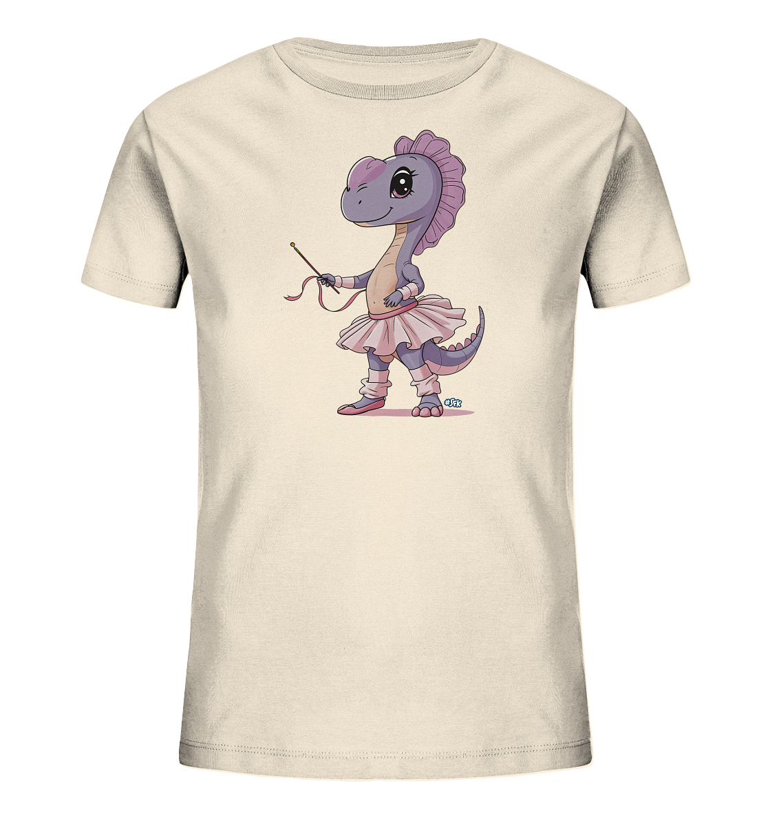 Onlineshop Shirts fuer Kinder - Das Bild zeigt ein beigefarbenes T-Shirt fuer Kinder. Darauf ist eine lila Zeichentrick-Dinosaurierdame abgebildet, die als Ballerina gekleidet ist. Sie traegt einen pinken Tutu, Stulpen und Ballettschuhe und haelt einen Stab mit Band. Das Design wirkt verspielt und ansprechend.