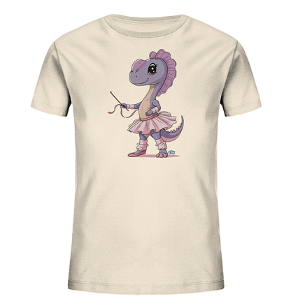 Onlineshop Shirts fuer Kinder - Das Bild zeigt ein beigefarbenes T-Shirt fuer Kinder. Darauf ist eine lila Zeichentrick-Dinosaurierdame abgebildet, die als Ballerina gekleidet ist. Sie traegt einen pinken Tutu, Stulpen und Ballettschuhe und haelt einen Stab mit Band. Das Design wirkt verspielt und ansprechend.
