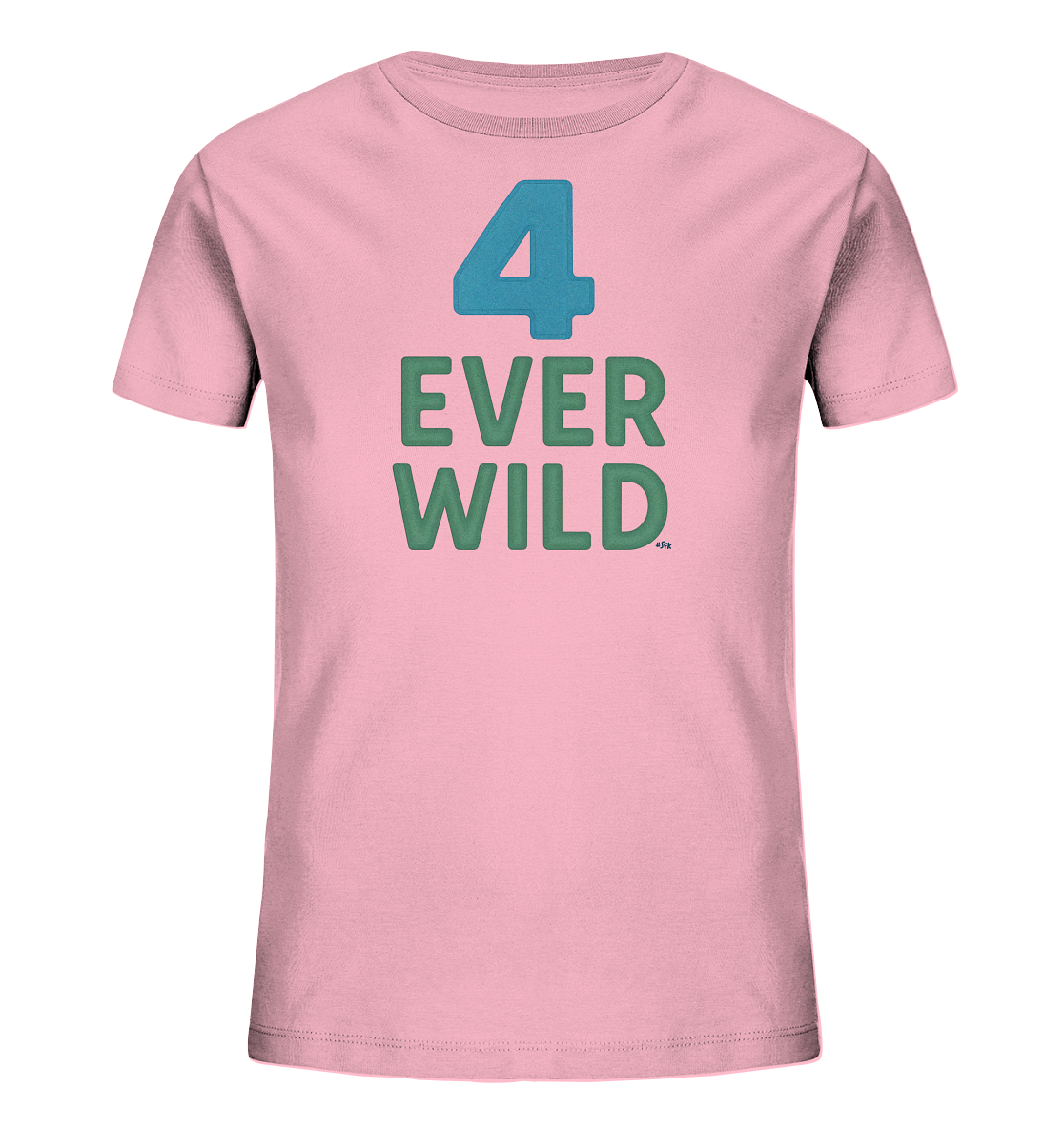 Onlineshop Shirts fuer Kinder - Das Bild zeigt ein pinkes Kinder T-Shirt. Auf der Vorderseite ist mittig eine grosse blaue Zahl '4' platziert. Darunter steht in gruenen Grossbuchstaben der Text "EVER WILD". Das Design ist farblich kontrastreich und ansprechend gestaltet.