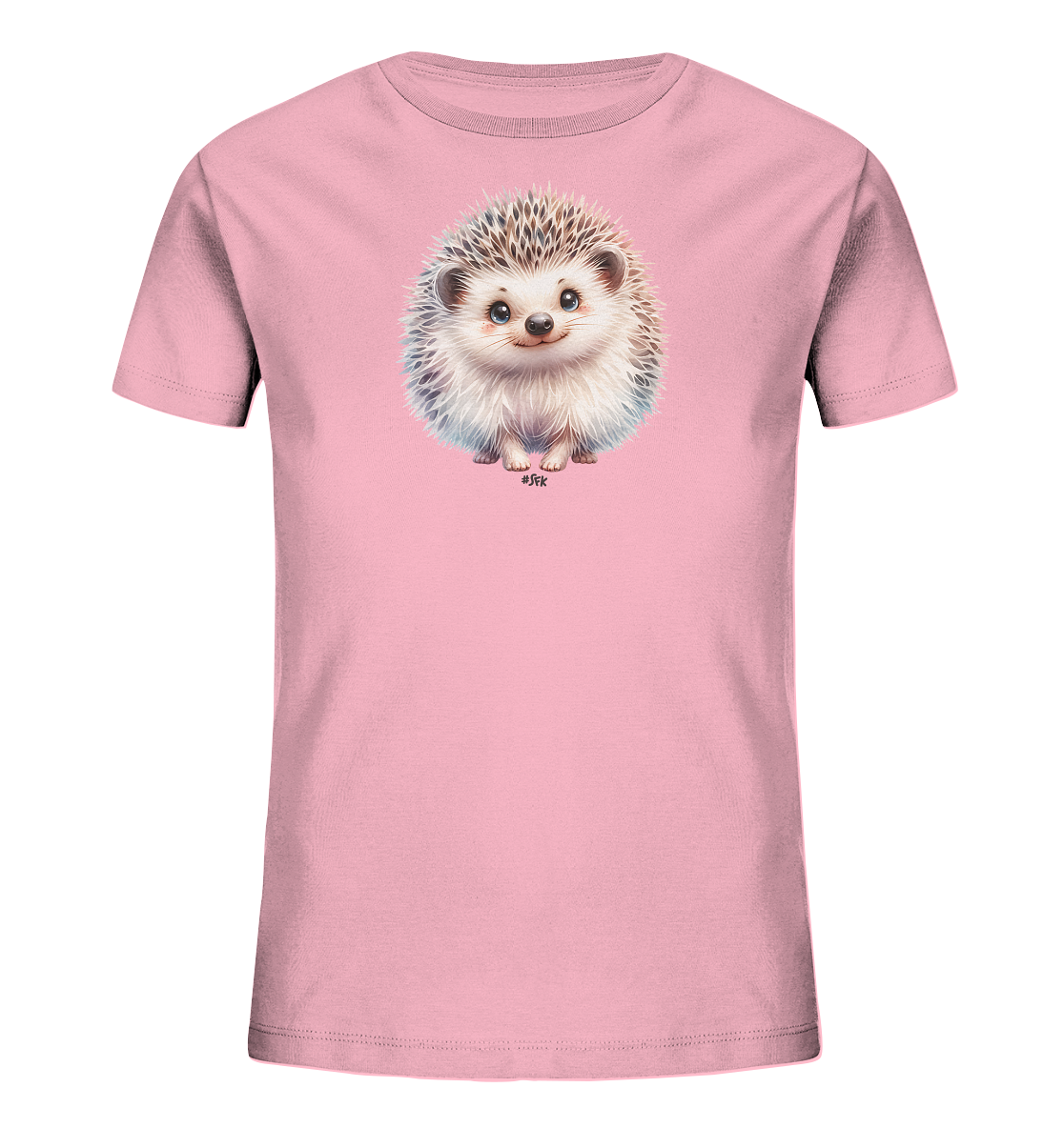 Onlineshop Shirts fuer Kinder - Das Bild zeigt ein rosafarbenes T-Shirt mit einem niedlichen Druck auf der Vorderseite. Der Druck zeigt einen kleinen, flauschigen Igel mit grossen Augen und einem freundlichen Laecheln. Der Igel sitzt in der Mitte des Shirts und ist detailreich gestaltet. Das Design wirkt froehlich und ansprechend fuer Kinder.
