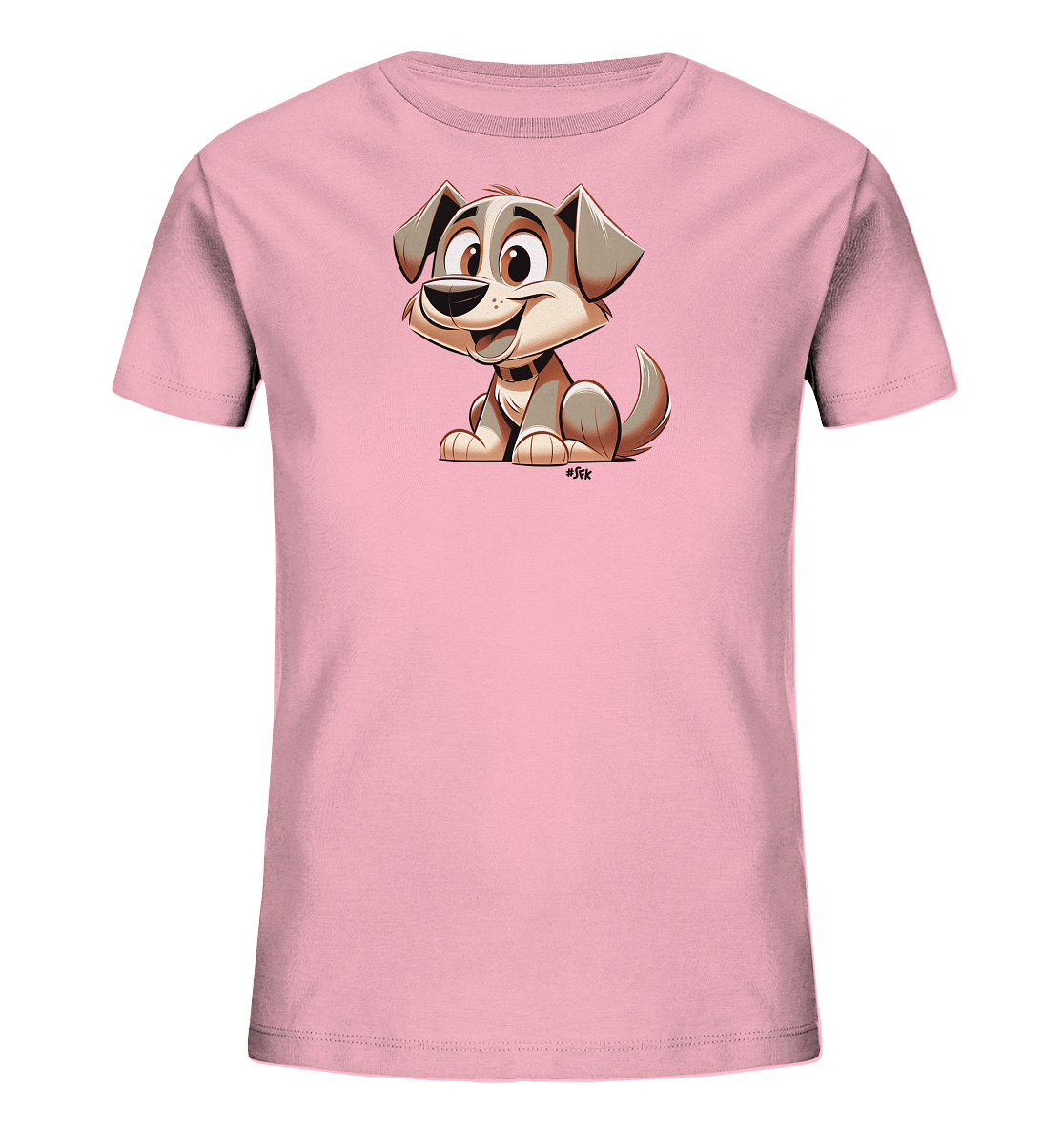 Onlineshop Shirts fuer Kinder - Das Bild zeigt ein rosa T-Shirt fuer Kinder mit einem suessen Hundemotiv. Eine Cartoon-Illustration eines sitzenden Hundes mit braunem und grauem Fell ist auf der Vorderseite platziert. Der Hund hat grosse, ausdrucksstarke Augen und ein breites Laecheln. Dieses froehliche und verspielte Design ist ansprechend fuer Kinder.