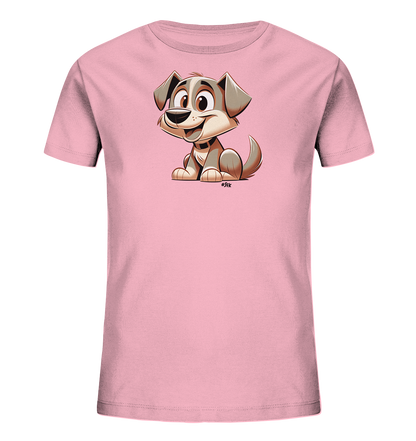 Onlineshop Shirts fuer Kinder - Das Bild zeigt ein rosa T-Shirt fuer Kinder mit einem suessen Hundemotiv. Eine Cartoon-Illustration eines sitzenden Hundes mit braunem und grauem Fell ist auf der Vorderseite platziert. Der Hund hat grosse, ausdrucksstarke Augen und ein breites Laecheln. Dieses froehliche und verspielte Design ist ansprechend fuer Kinder.