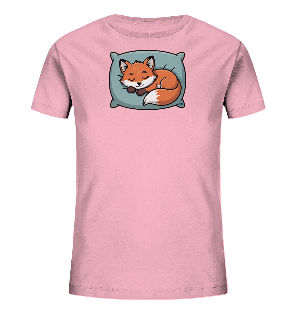 Onlineshop Shirts fuer Kinder - Das Bild zeigt ein hellrosa Kinder-T-Shirt mit einem niedlichen Motiv auf der Vorderseite. Ein orangefarbener Fuchs liegt entspannt auf einem hellblauen Kissen und schlaeft friedlich. Das Design ist liebevoll und kindgerecht gestaltet und vermittelt eine ruhige Atmosphaere.