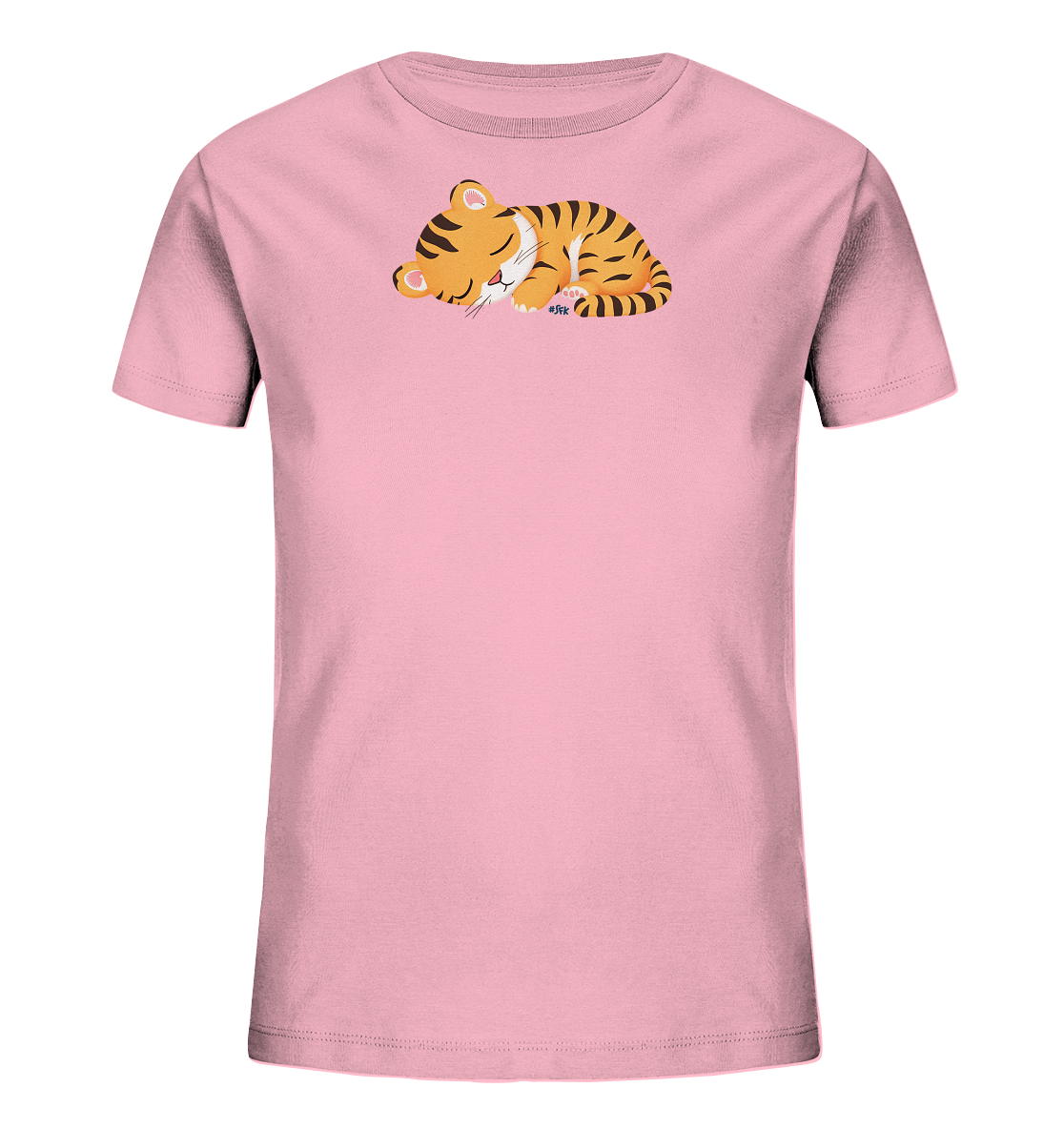 Onlineshop Shirts fuer Kinder - Das Bild zeigt ein rosafarbenes Kinder-T-Shirt mit einem niedlichen Tiermotiv auf der Vorderseite. Abgebildet ist ein schlafendes Tigerjunges, das sich zusammengerollt hat. Das orangefarbene Tier mit schwarzen Streifen wirkt friedlich und sanft. Dieses Design verleiht dem T-Shirt einen beruhigenden und charmanten Charakter.